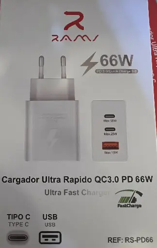 [RS-PD66] 208-Cargador Tipo C + USB Ultra Rapido QC 3.0 RS-PD66 *10*